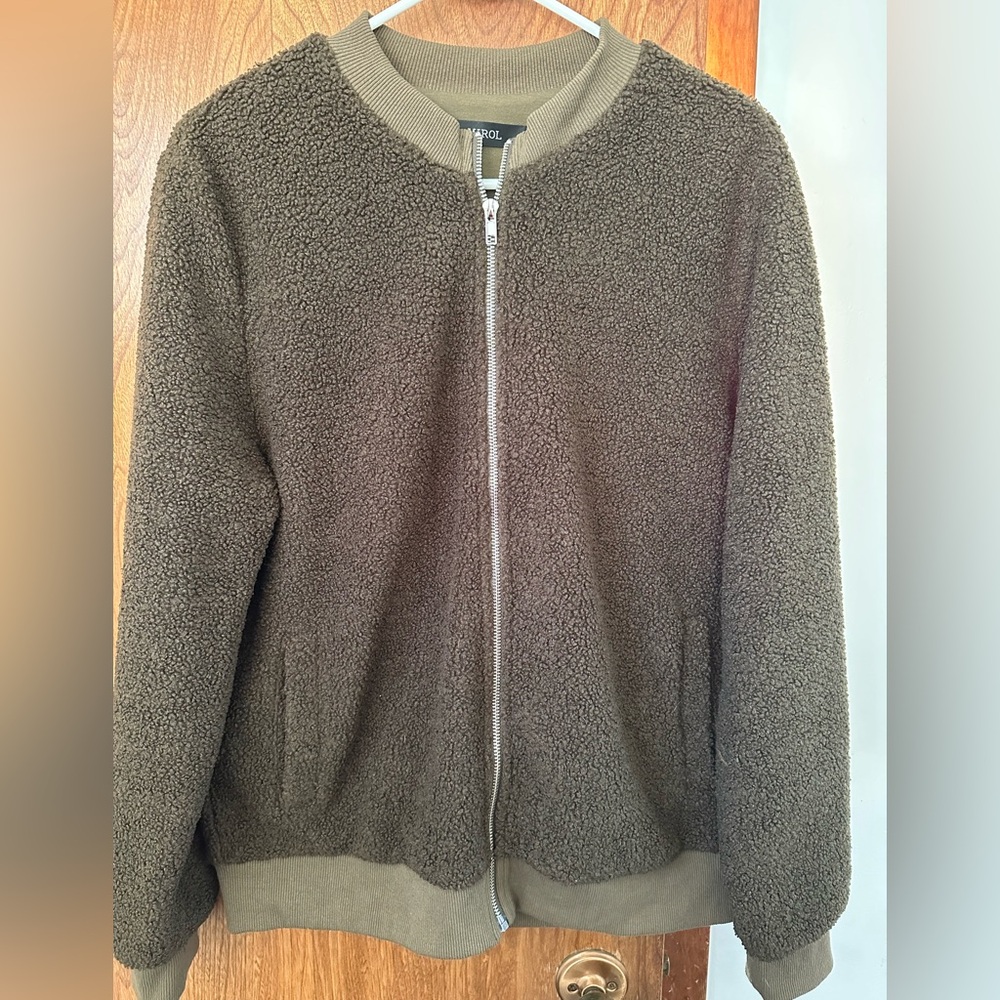 Olive Green Sherpa Zip-Up Jacket